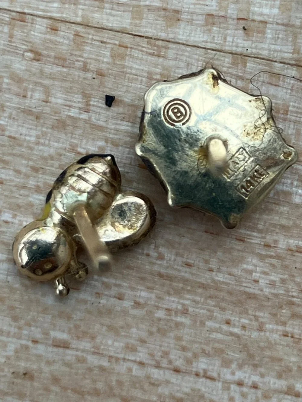 Vintage 14K Gold Italian Ladybug & Enamel Bee Mismatched Studs - Signed
